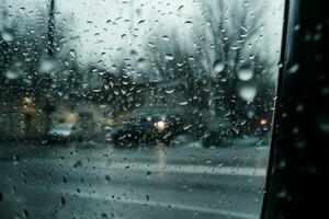 väder metamorfos blandad regn och snö sett från bil fönster ai genererad foto