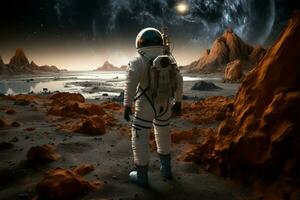 astronaut skannar utomjording landskap under Plats uppdrag på avlägsen planet ai genererad foto