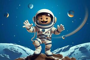 tecknad serie astronaut på en planet, vinka i vetenskap tech ikon ai genererad foto