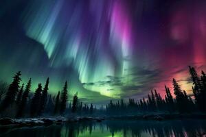 himmelsk skådespel förvandlas natt med lila och grön aurora borealis ai genererad foto