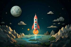 barn vänlig Plats tecknad serie bakgrund med en nyckfull raket design ai genererad foto