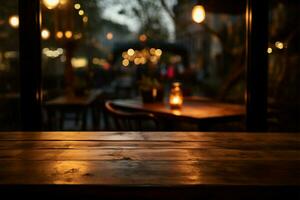 kaféer inbjudande glöd omger en trä- tabell i de förgrund ai genererad foto
