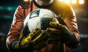 stänga upp målvakt säkert innehar en fotboll boll efter en kritisk spara ai genererad foto
