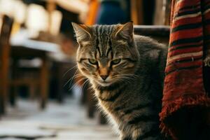 marknadsföra besökare en herrelös katt vandrande mitt i de lokal- aktiviteter ai genererad foto