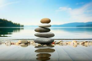 balansering småsten på en trä- strand yta, symboliserande zen lugn ai genererad foto