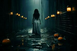 halloweens läskigt atmosfär resonerar med de väsen av Skräck bio ai genererad foto