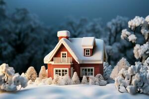 hus modell i en snöig miljö, betona vinter- uppvärmning begrepp ai genererad foto