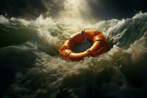 på en stormig dag, ett orange liv boj strider turbulent vågor ai genererad foto
