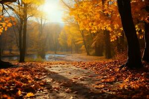 naturskön höst landskap gyllene träd, Sol, faller löv, säsong- skönhet ai genererad foto