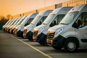 transport service företag flotta leverans vans ordentligt parkerad i rader ai genererad foto