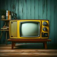 nostalgisk charm, årgång gul TV vilar på trä- tabell, mynta blå bakgrund för social media posta storlek ai genererad foto