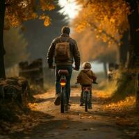 föräldrar mentorskap, man stöder childs cykling, bak- se snapshot för social media posta storlek ai genererad foto