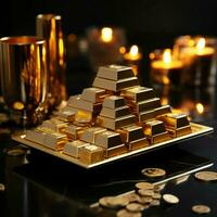 dyrbar tillgångar guld bar atop stock Graf, skildrar investeringar synergi och värde för social media posta storlek ai genererad foto