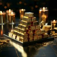 dyrbar tillgångar guld bar atop stock Graf, skildrar investeringar synergi och värde för social media posta storlek ai genererad foto