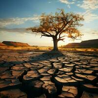 uthållig träd mitt i knäckt jord betecknar klimat ändringar påverkan vatten brist, global uppvärmningen för social media posta storlek ai genererad foto