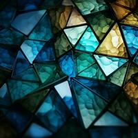 rikt färgad trianglar konvergerar djup blå, grön, vit, och vibrerande cyan för social media posta storlek ai genererad foto