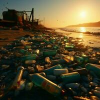 sandig vidd fördärvad förbi kasseras flaskor och skräp, visa upp strand föroreningar skada för social media posta storlek ai genererad foto