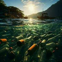 hav fläckas med plast flaskor, porträtterar naturer degradering och miljö- förorening för social media posta storlek ai genererad foto