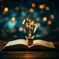 gnista av idéer lysande Glödlampa över bok symboliserar inspiration, innovation, och bemyndigad inlärning för social media posta storlek ai genererad foto