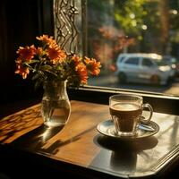 solbelyst fönster, kaffe dimma, sträckt tabell skugga en morgonens pittoresk kaffe för social media posta storlek ai genererad foto