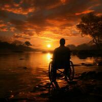 solnedgång bakgrund ställer ut rullstol silhuett, förkroppsligande styrka i motgång och elasticitet för social media posta storlek ai genererad foto