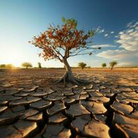 träd på knäckt jord betecknar klimat förändra påverkan, torka, och miljö- kris för social media posta storlek ai genererad foto