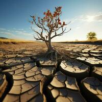 träd står i knäckt jorden, skildrar klimat kris, vatten brist från global uppvärmningen för social media posta storlek ai genererad foto