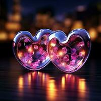 två neon hjärtan pulsera med vibrerande ljus, symboliserar ett elektrisk obligation för social media posta storlek ai genererad foto