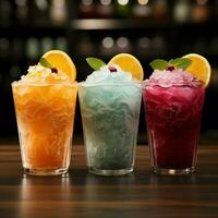 vibrerande isig frukt slask, kyld i koppar färgrik förfriskning, frysta glädje för social media posta storlek ai genererad foto
