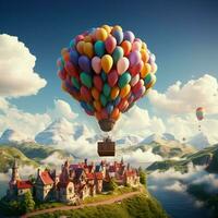 ballong bäras resa, fantasi plan flyter omgiven förbi färgrik ballonger i de himmel för social media posta storlek ai genererad foto