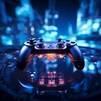 blå tonad virtuell värld joystick stänga upp, sent natt gaming session blir uppslukande för social media posta storlek ai genererad foto