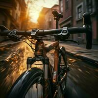 broms engagemang, fokuserade närbild slingor cyklister hand på bromsning spak för social media posta storlek ai genererad foto