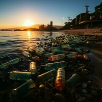 kust område översållad med plast flaskor och avfall, porträtterar konsekvenser av strand förorening för social media posta storlek ai genererad foto