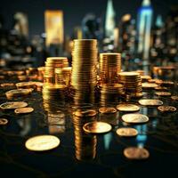ekonomisk gobeläng mynt, Graf täcka över stadsbild, representerar finansiell, företag prestation för social media posta storlek ai genererad foto