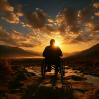 bemyndigande silhuett rullstol bunden figur mot solnedgång, förkroppsligande styrka och uthållighet för social media posta storlek ai genererad foto