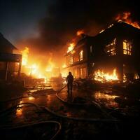 heroisk- brandman släcks glöd i bränd hus, vatten dämpning de pyrande verkningarna för social media posta storlek ai genererad foto