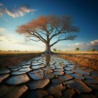 ikoniska träd på knäckt jord förkroppsligar klimat kris, global uppvärmningen inducerad vatten brist för social media posta storlek ai genererad foto