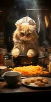 rolig katt förbereder mat i de kök. generativ ai foto