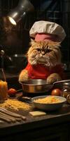 rolig katt förbereder mat i de kök. generativ ai foto