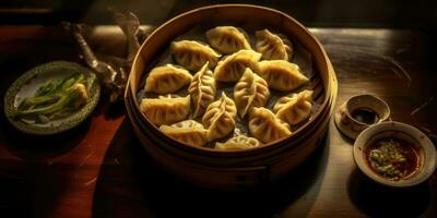 utsökt maträtt kinesisk friterad klimpar i en kinesisk restaurang. generativ ai foto