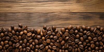 kaffe bönor på de tabell närbild. kaffe på en trä- tabell. generativ ai foto