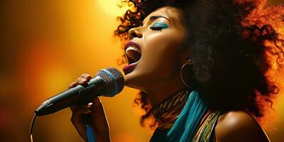 ung afrikansk kvinna sjunger i karaoke. generativ ai foto
