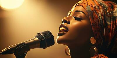 ung afrikansk kvinna sjunger i karaoke. generativ ai foto