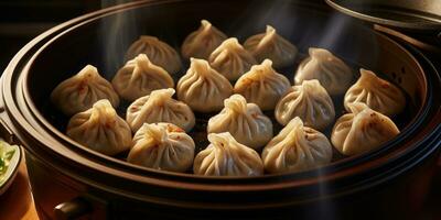 Kinas nationell maträtt, xiao lång bao. maträtt närbild. dumplings. generativ ai foto