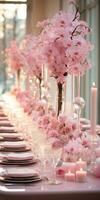 rosa bröllop interiör, blomma arrangemang. generativ ai foto