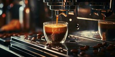 en kopp av kaffe i en kaffe maskin, framställning kaffe närbild. generativ ai foto