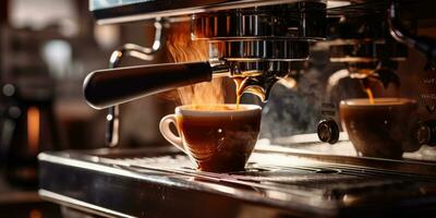 en kopp av kaffe i en kaffe maskin, framställning kaffe närbild. generativ ai foto