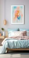 sovrum i ljus färger och en bild i en trä- ram ovan säng. generativ ai foto