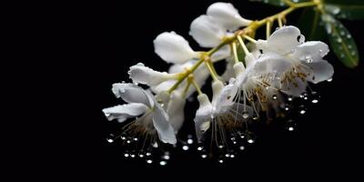 akacia blommor på en mörk bakgrund. vit blommor med regndroppar. generativ ai foto