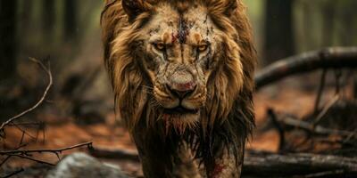 porträtt av vuxen manlig lejon, vild djur- de natur livsmiljö. ärrig lejon ansikte. generativ ai foto